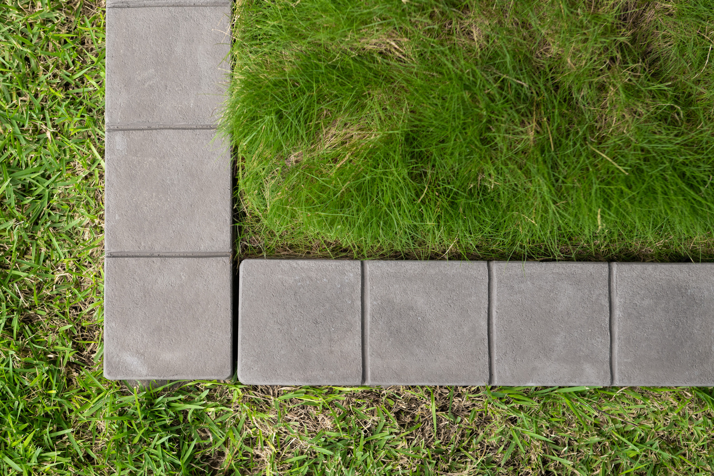 Gray concrete pavers forming a border around green grass