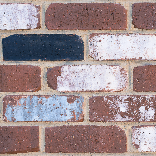 Close-up of a brick wall with a mix of red, blue, and white bricks.