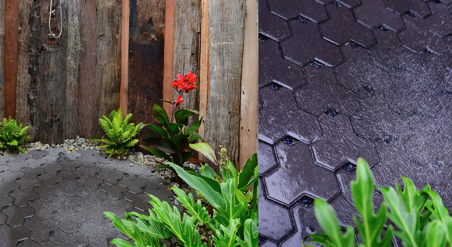Hexagonal stone pavers with green plants and a wooden fence.