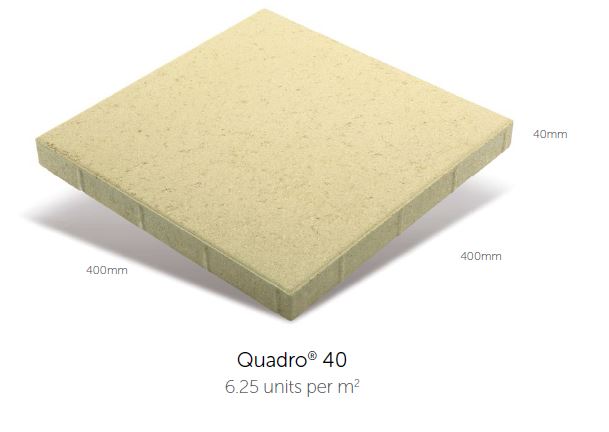 Beige concrete paver with dimensions and unit density information on a white background