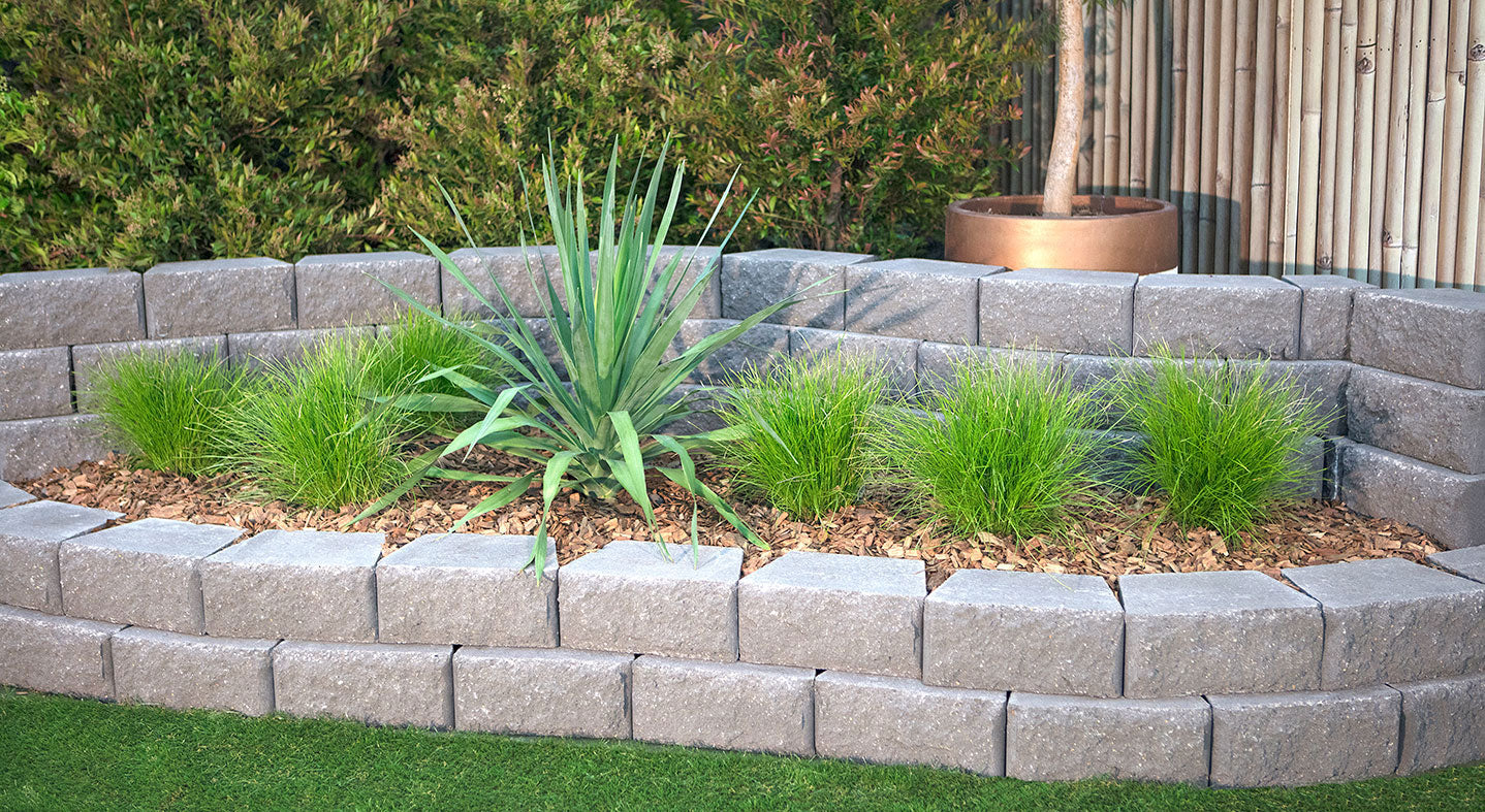 Gray concrete block garden border with plants and a tree in the background