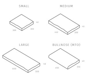 Diagram showing different sizes of a product with dimensions labeled.