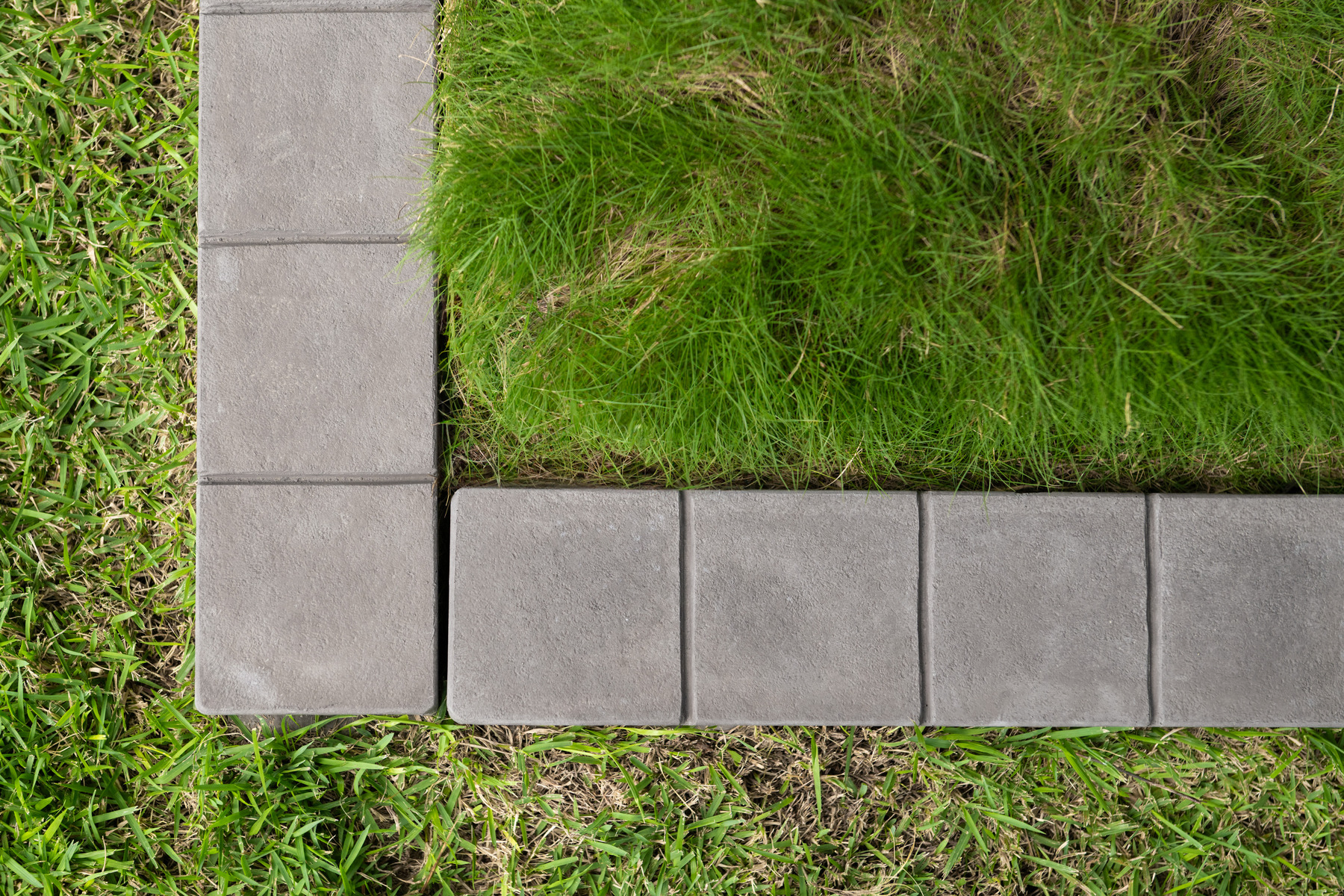 Gray concrete pavers forming a border around green grass