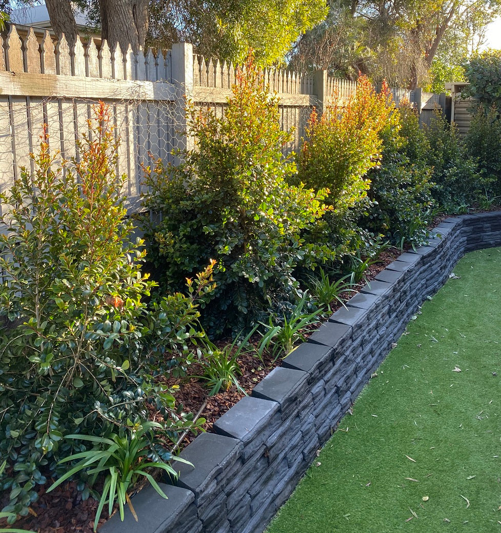 Garden with plants and a stone retaining wall next to a grassy area.