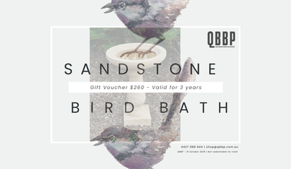 Gift voucher for Sandstone Bird Bath with birds and QBBP branding.
