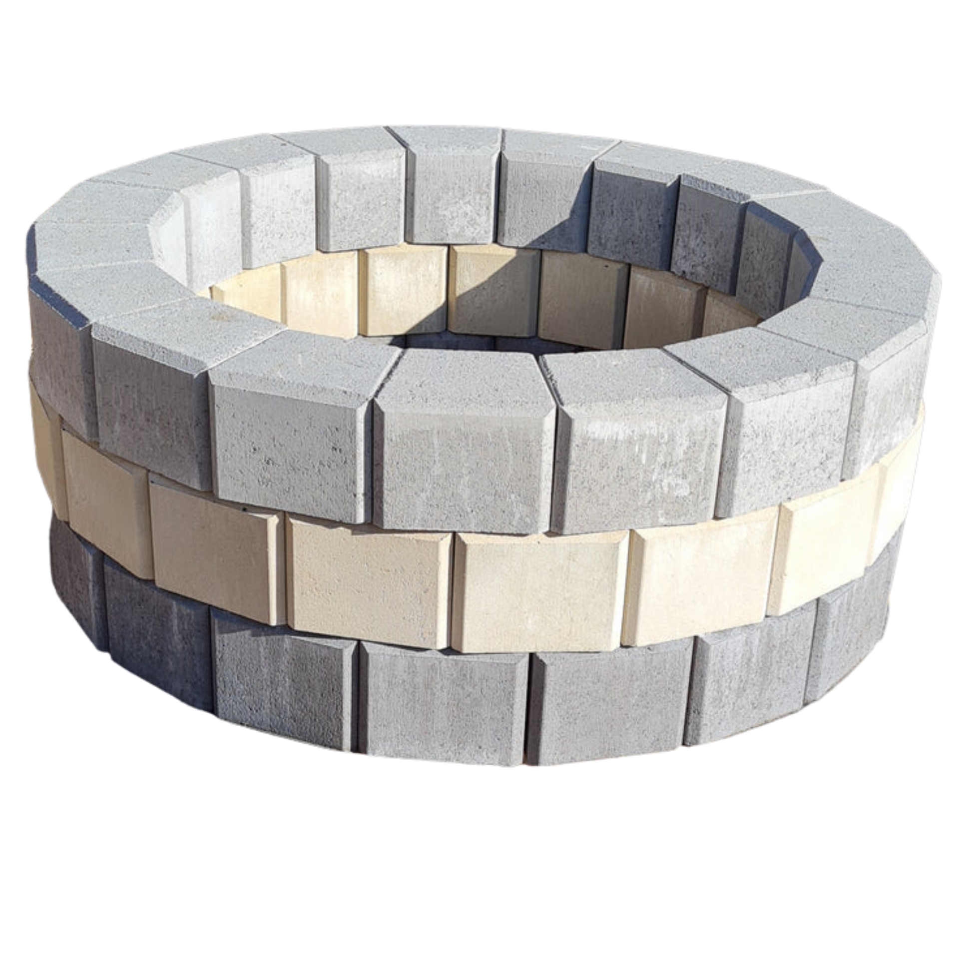Round stone fire pit with alternating gray and beige stones on a white background
