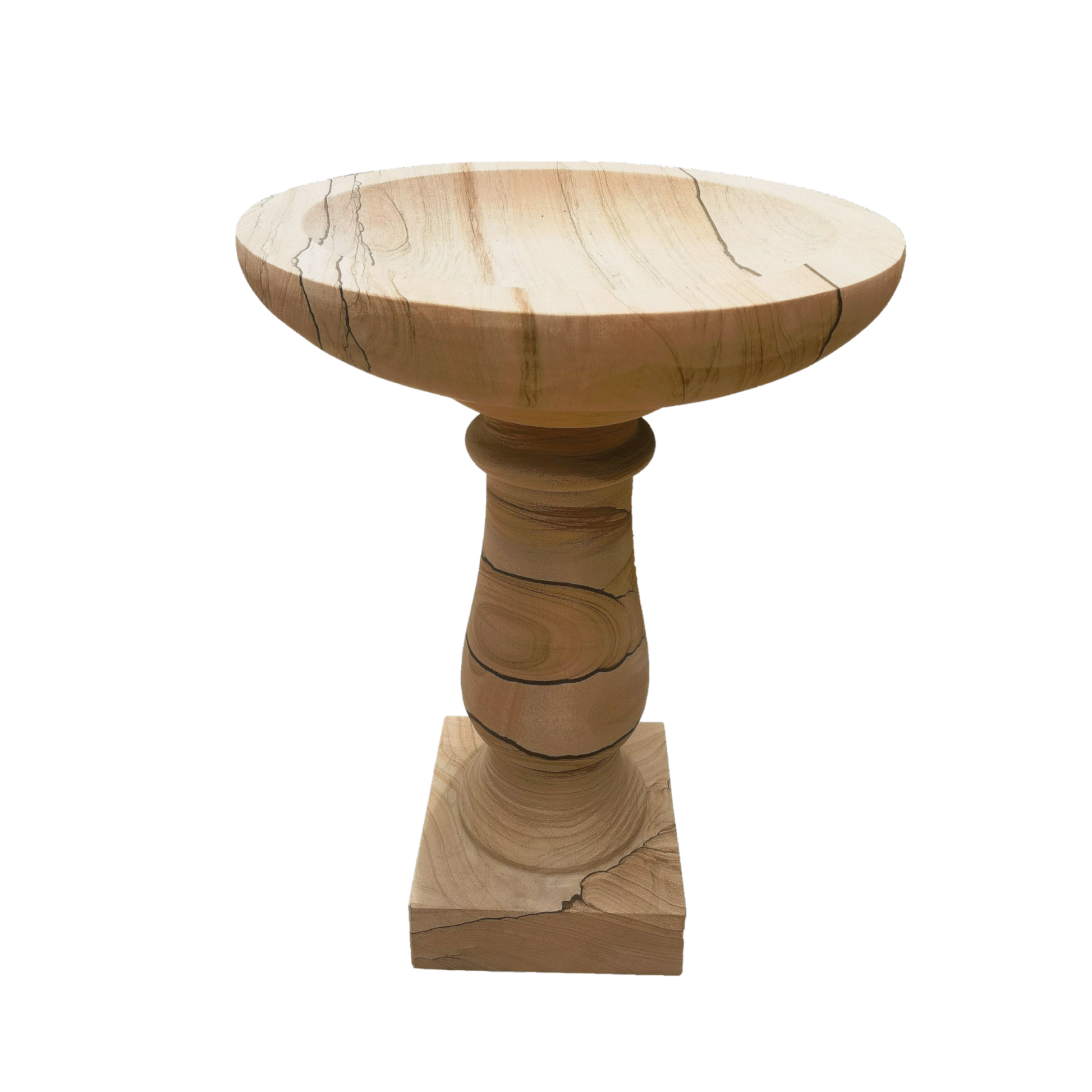 Wooden pedestal table with a round top on a white background