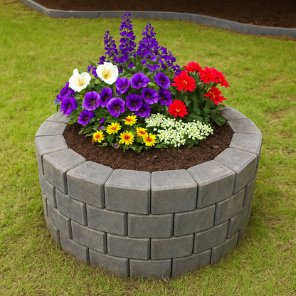 Floral arrangement in a circular stone planter on grass